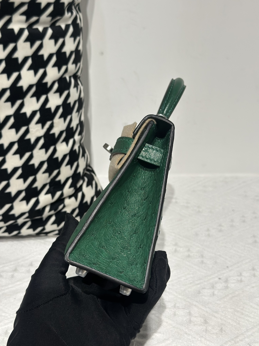 Ostrich Leather Velvet Green Silver Hardware Series II Top Handle Bag WOB027 image 4