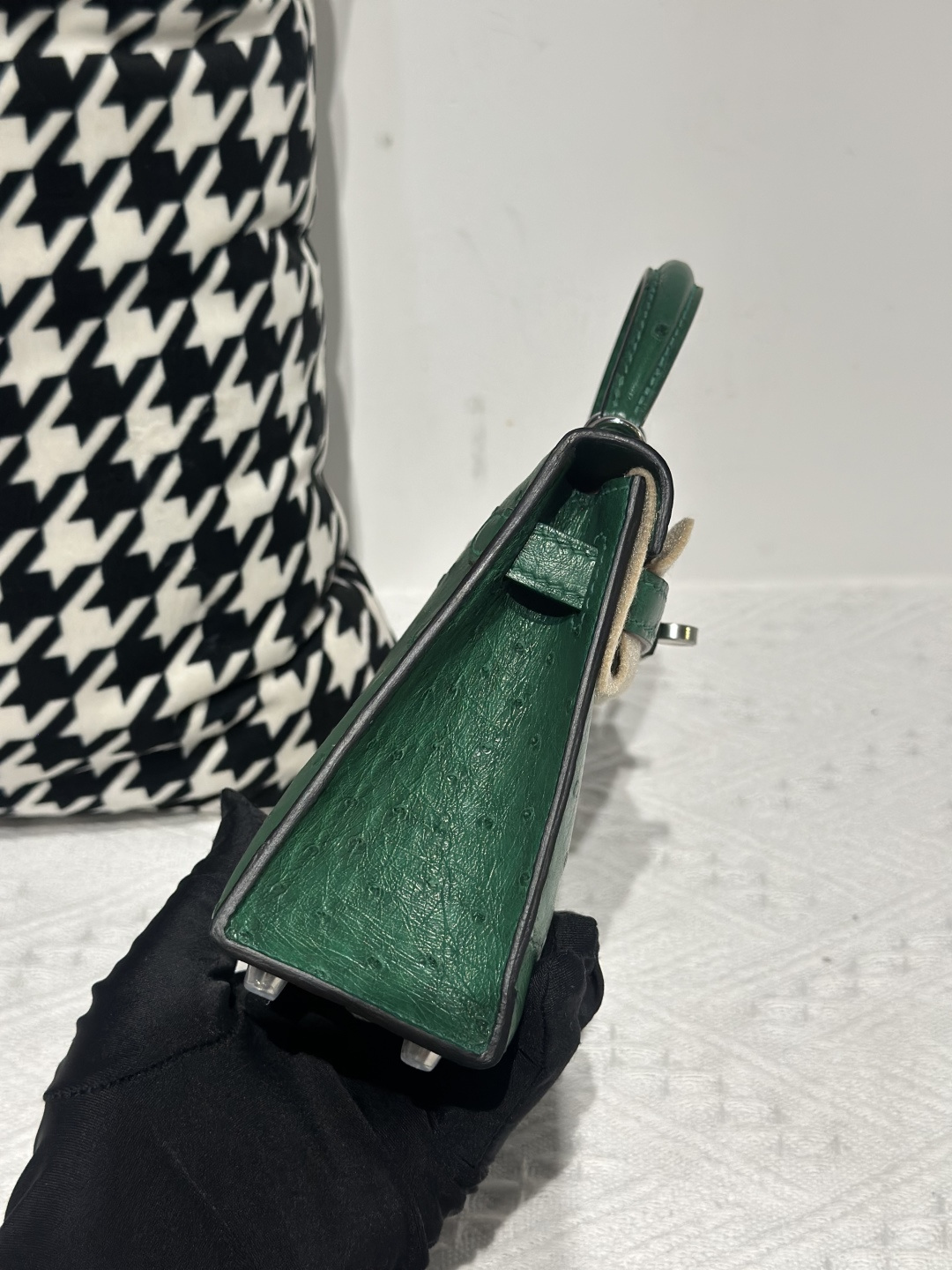 Ostrich Leather Velvet Green Silver Hardware Series II Top Handle Bag WOB027 image 5