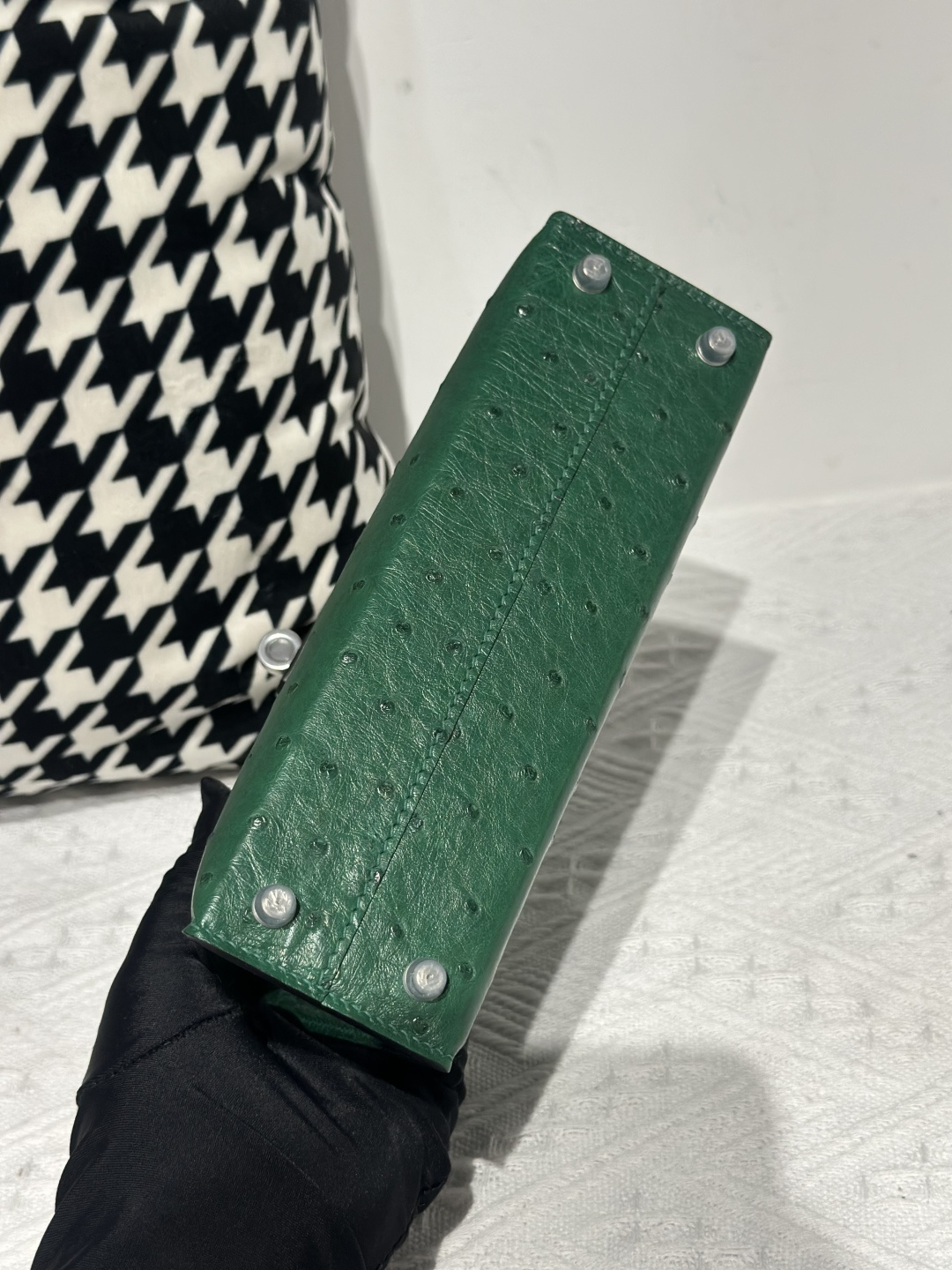 Ostrich Leather Velvet Green Silver Hardware Series II Top Handle Bag WOB027 image 6