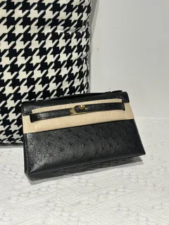 Ostrich Leather Black Gold Hardware Series I Flap Shoulder Bag WOB028 image 1
