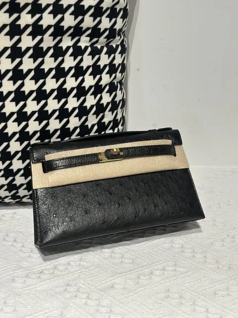 Ostrich Leather Black Gold Hardware Series I Flap Shoulder Bag WOB028