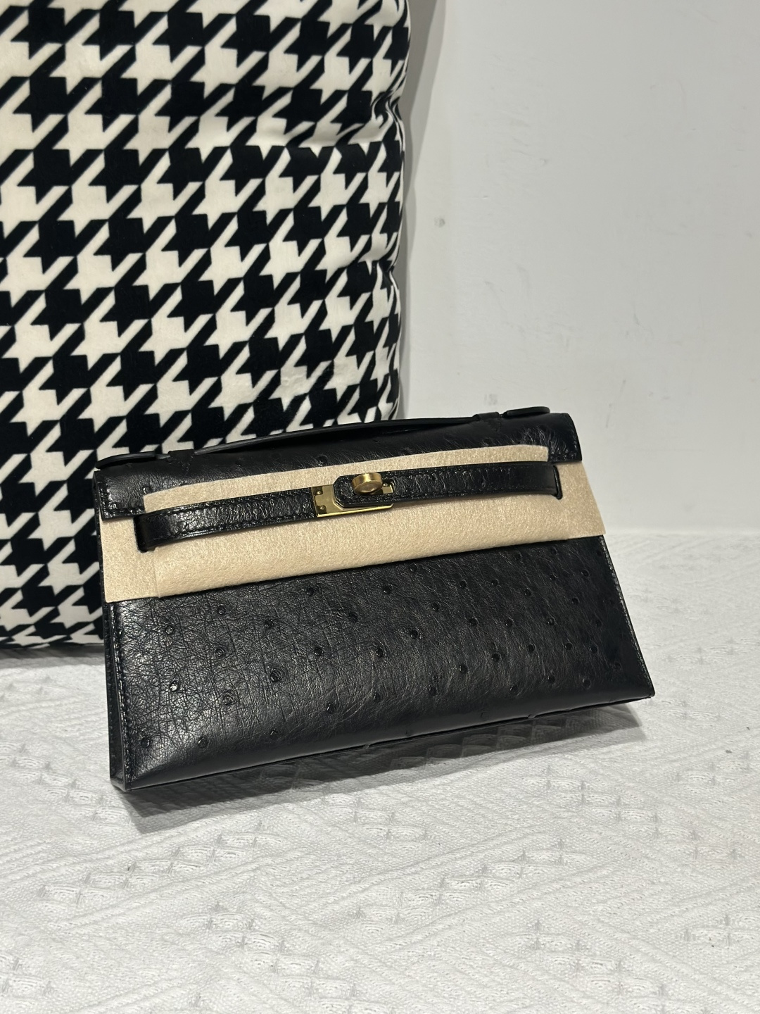 Ostrich Leather Black Gold Hardware Series I Flap Shoulder Bag WOB028