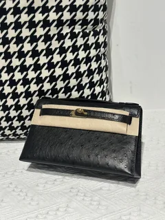 Ostrich Leather Black Gold Hardware Series I Flap Shoulder Bag WOB028 image 2