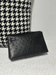Ostrich Leather Black Gold Hardware Series I Flap Shoulder Bag WOB028 image 3