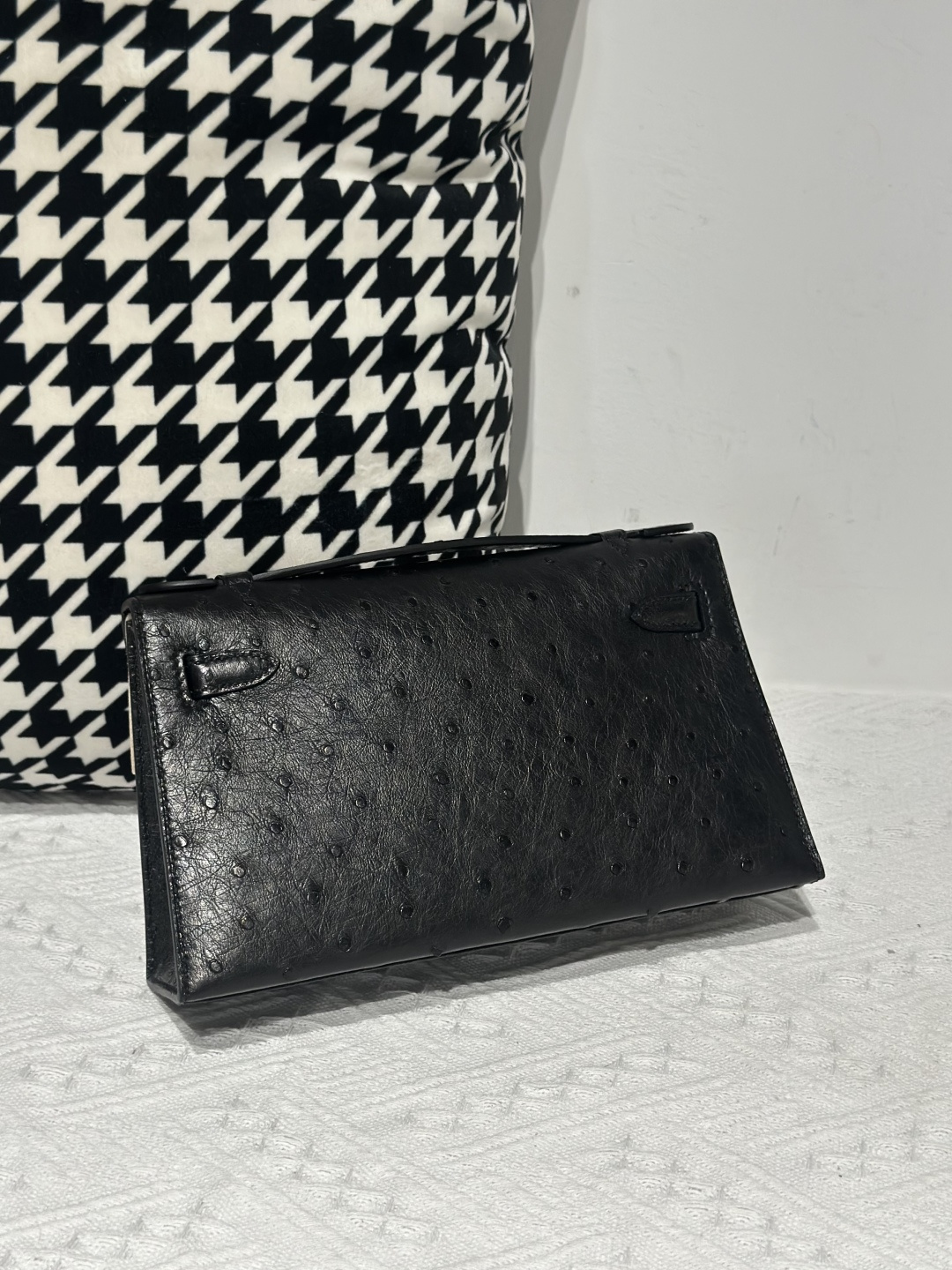 Ostrich Leather Black Gold Hardware Series I Flap Shoulder Bag WOB028 photo 3