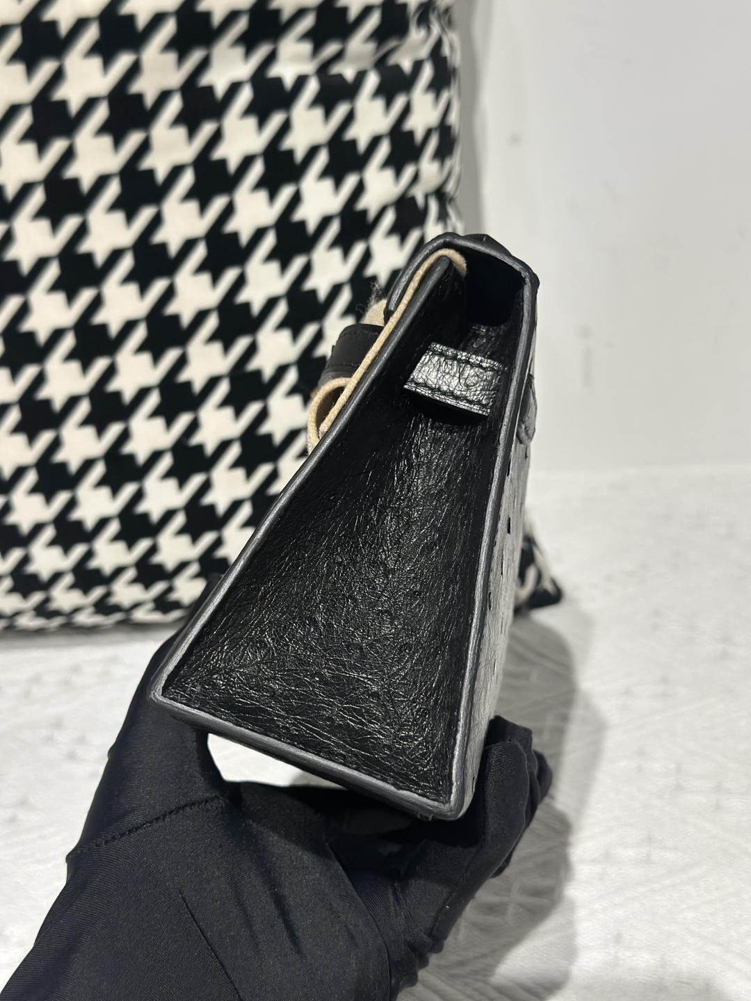 Ostrich Leather Black Gold Hardware Series I Flap Shoulder Bag WOB028 photo 4