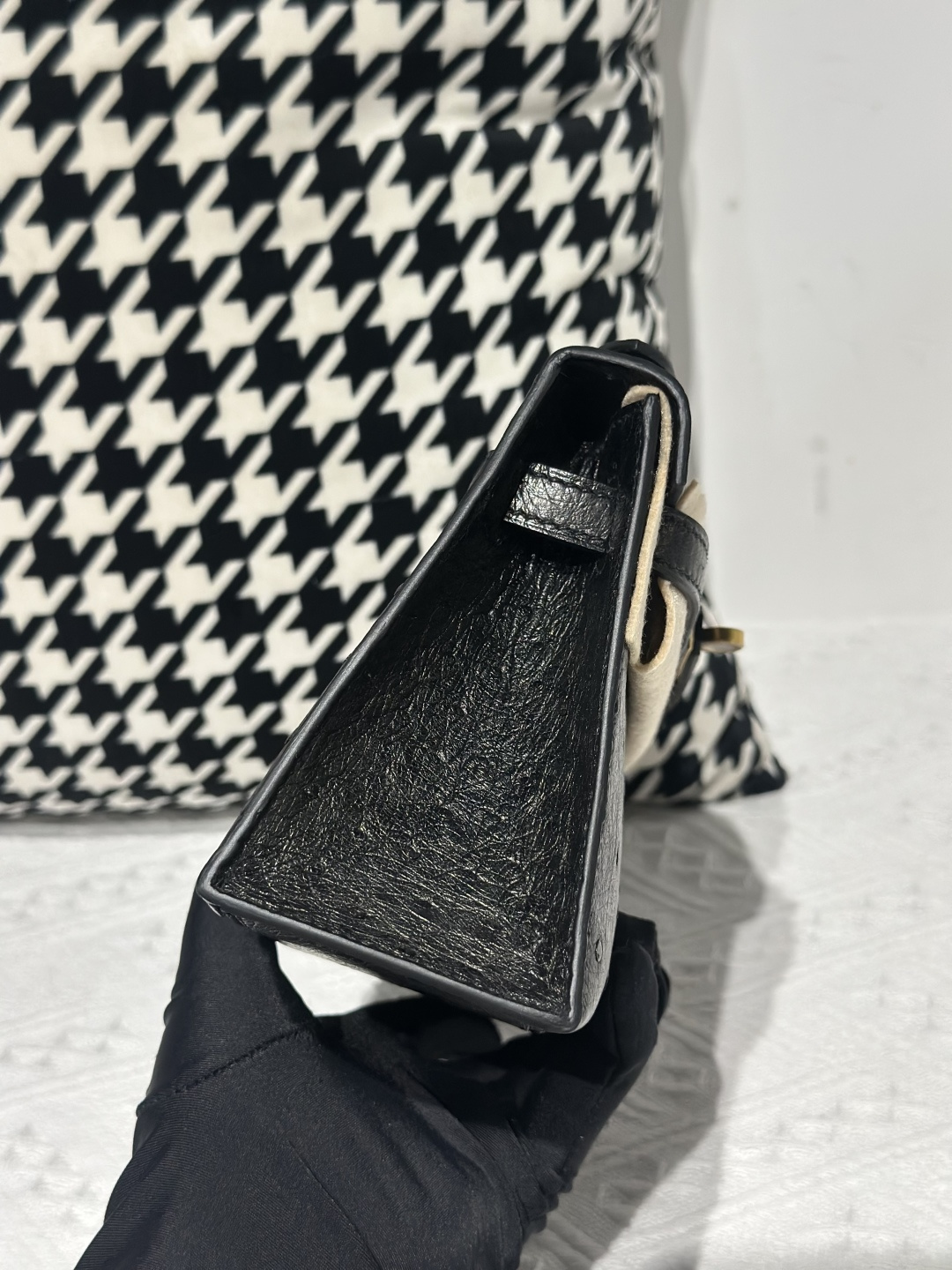 Ostrich Leather Black Gold Hardware Series I Flap Shoulder Bag WOB028 photo 5
