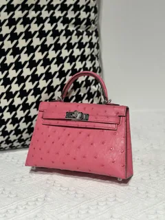 Ostrich Leather Bubble Pink Silver Hardware Series II Top Handle Bag WOB030 image 2