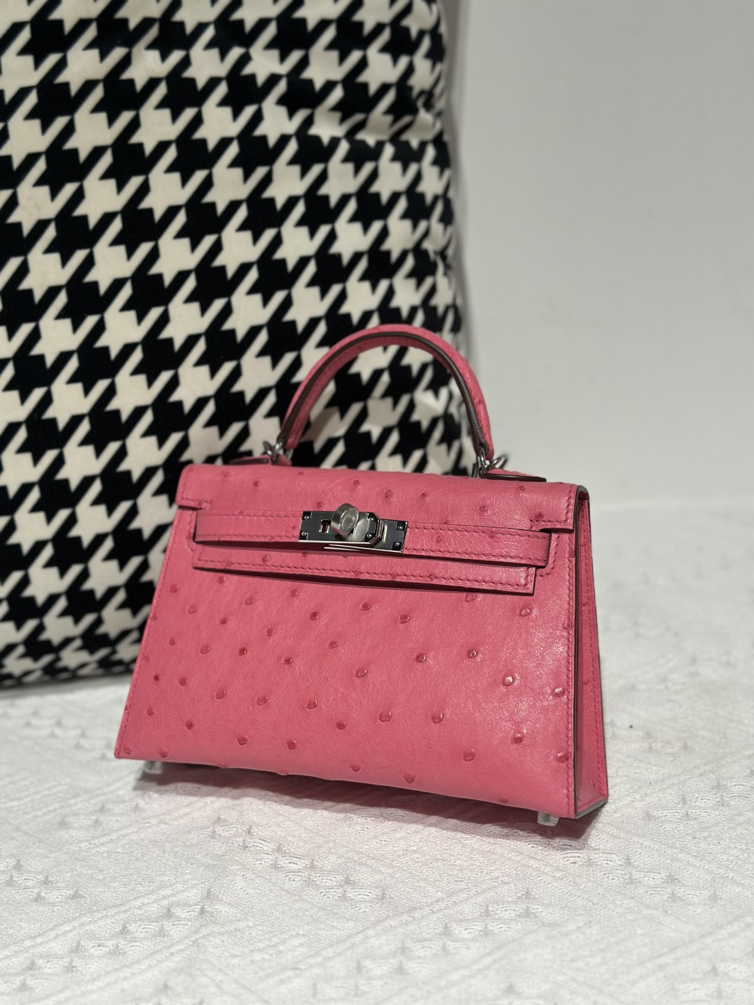 Ostrich Leather Bubble Pink Silver Hardware Series II Top Handle Bag WOB030 photo 2