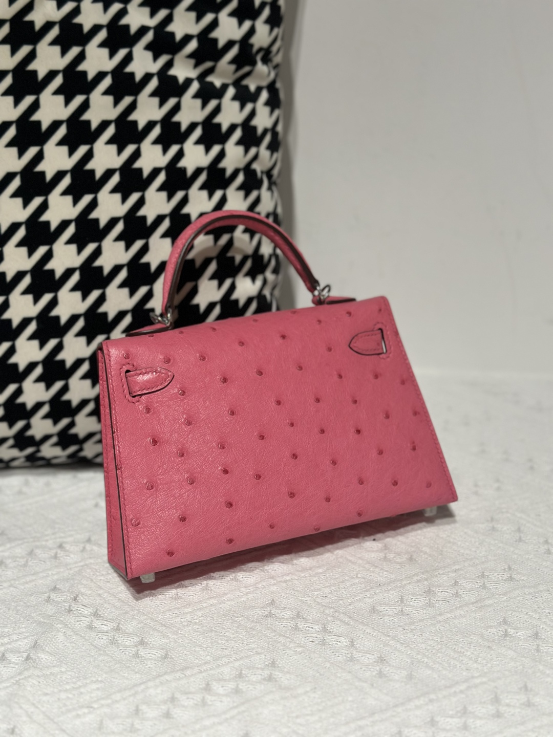 Ostrich Leather Bubble Pink Silver Hardware Series II Top Handle Bag WOB030 photo 3