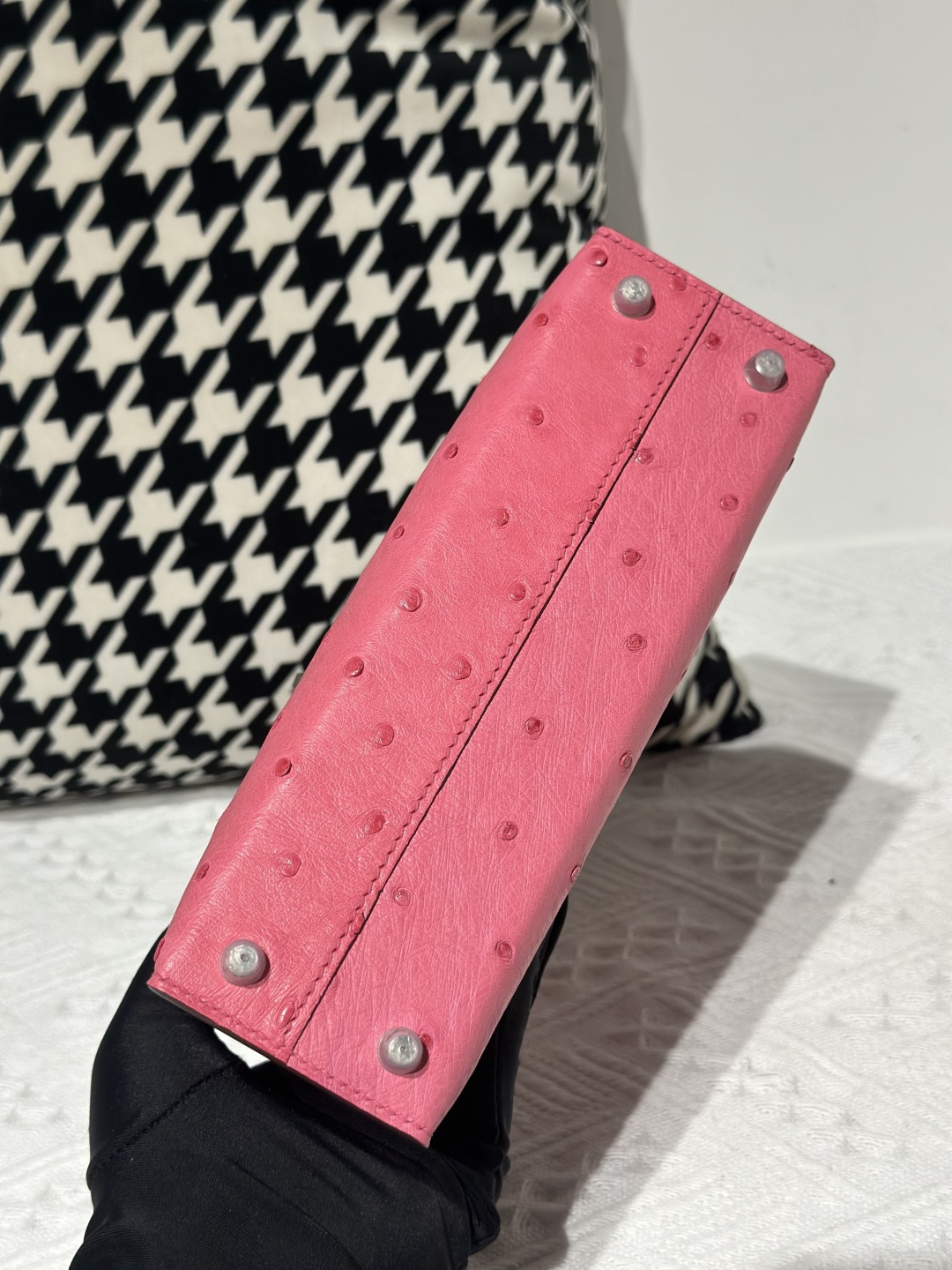 Ostrich Leather Bubble Pink Silver Hardware Series II Top Handle Bag WOB030 photo 6
