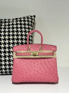 Ostrich Leather Bubble Pink 25cm Gold Hardware Top Handle Tote Bag WOB031 image 1