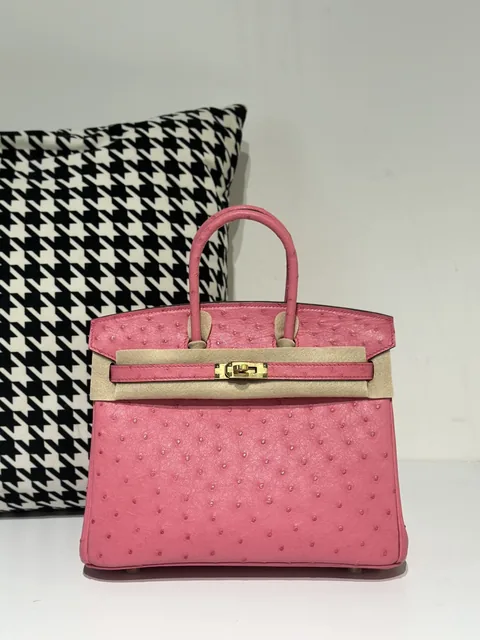 Ostrich Leather Bubble Pink 25cm Gold Hardware Top Handle Tote Bag WOB031