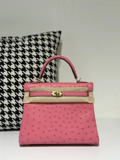 Ostrich Leather Bubble Pink 25cm Gold Hardware Top Handle Bag WOB032 image 1