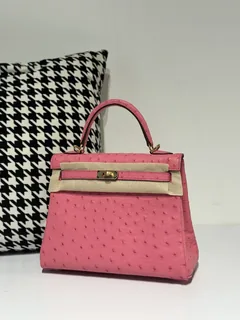 Ostrich Leather Bubble Pink 25cm Gold Hardware Top Handle Bag WOB032 image 2