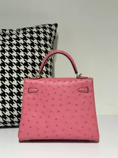 Ostrich Leather Bubble Pink 25cm Gold Hardware Top Handle Bag WOB032 image 3