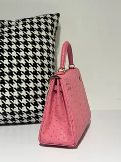 Ostrich Leather Bubble Pink 25cm Gold Hardware Top Handle Bag WOB032 image 4