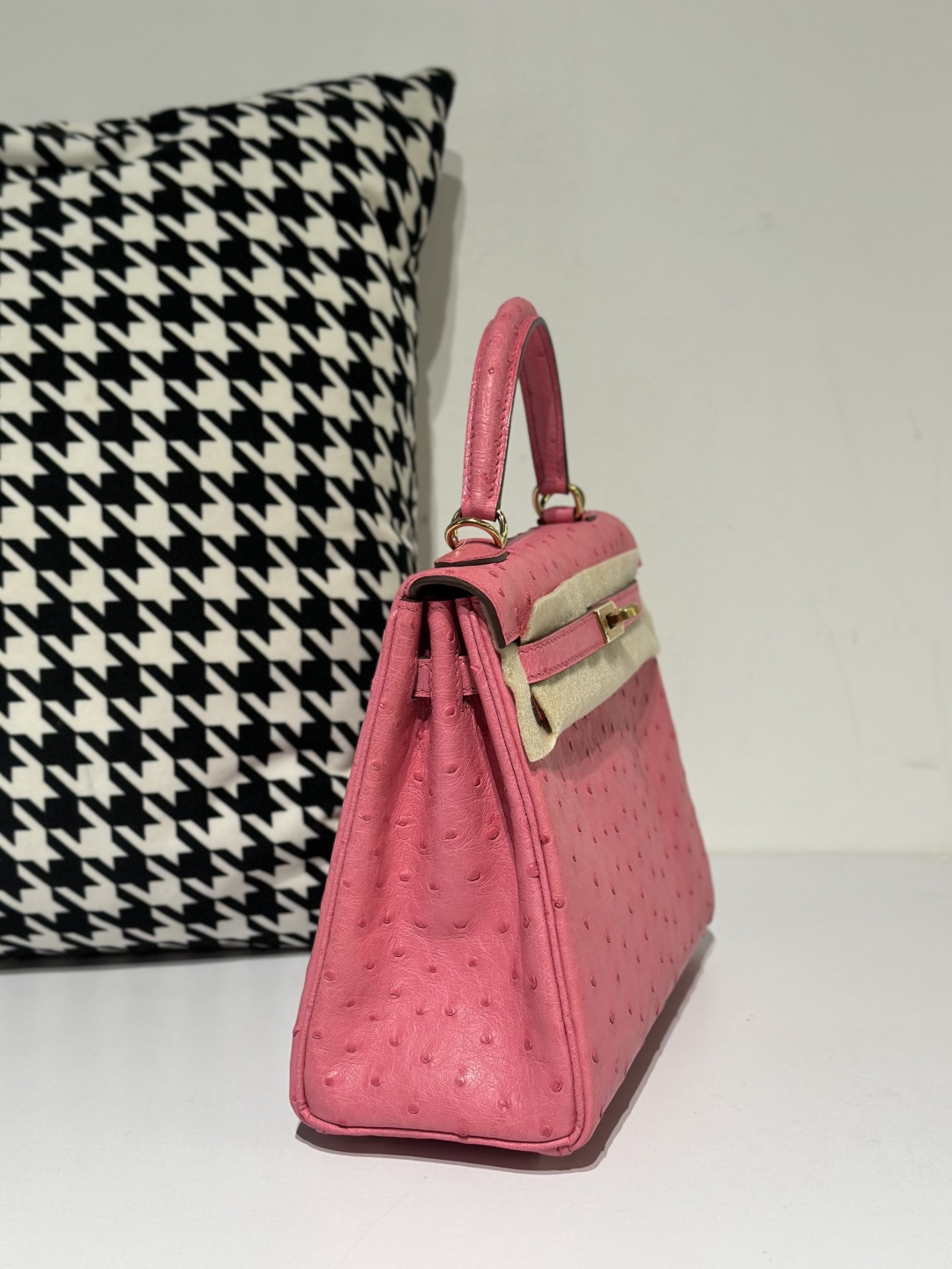 Ostrich Leather Bubble Pink 25cm Gold Hardware Top Handle Bag WOB032 image 5
