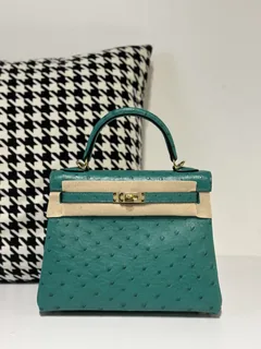 Ostrich Leather Inside Stitch Velvet Green 25cm Gold Hardware Top Handle Bag WOB033 image 1
