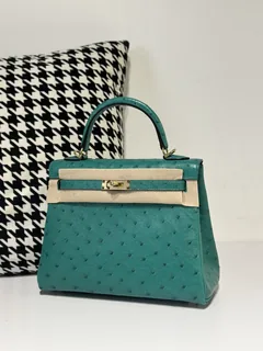 Ostrich Leather Inside Stitch Velvet Green 25cm Gold Hardware Top Handle Bag WOB033 image 2
