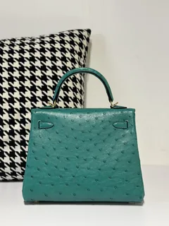 Ostrich Leather Inside Stitch Velvet Green 25cm Gold Hardware Top Handle Bag WOB033 image 3