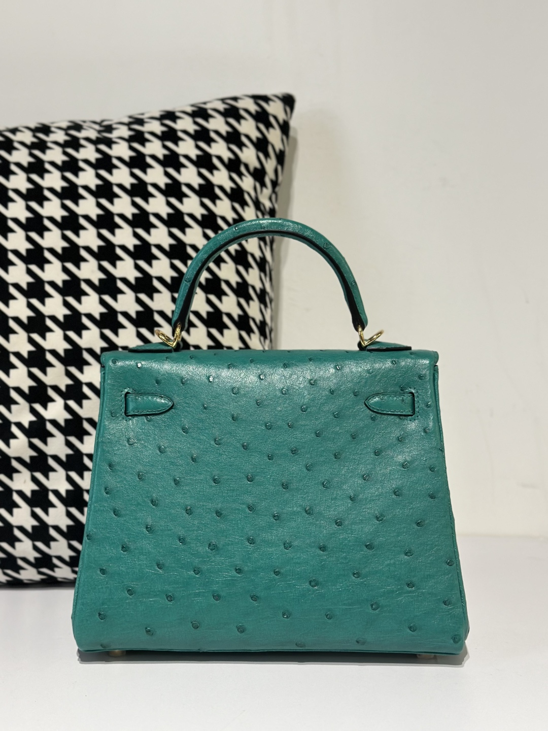 Ostrich Leather Inside Stitch Velvet Green 25cm Gold Hardware Top Handle Bag WOB033 image 3