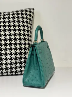Ostrich Leather Inside Stitch Velvet Green 25cm Gold Hardware Top Handle Bag WOB033 image 4