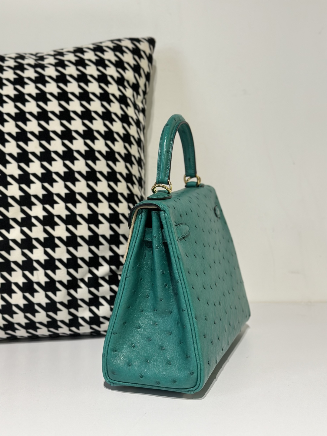 Ostrich Leather Inside Stitch Velvet Green 25cm Gold Hardware Top Handle Bag WOB033 image 4