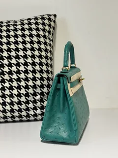 Ostrich Leather Inside Stitch Velvet Green 25cm Gold Hardware Top Handle Bag WOB033 image 5