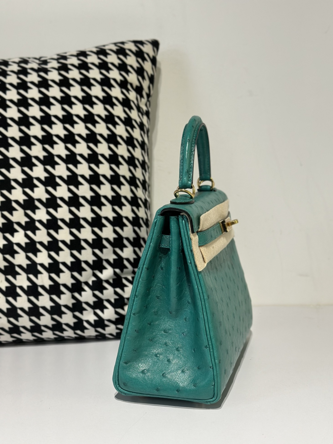 Ostrich Leather Inside Stitch Velvet Green 25cm Gold Hardware Top Handle Bag WOB033 image 5
