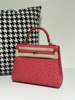 Ostrich Leather Candy Pink 25cm Silver Hardware Top Handle Bag WOB034 image 2