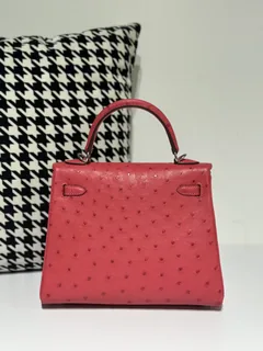 Ostrich Leather Candy Pink 25cm Silver Hardware Top Handle Bag WOB034 image 3
