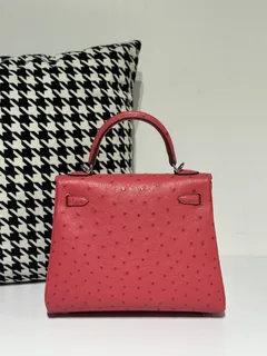Ostrich Leather Candy Pink 25cm Silver Hardware Top Handle Bag WOB035 image 3