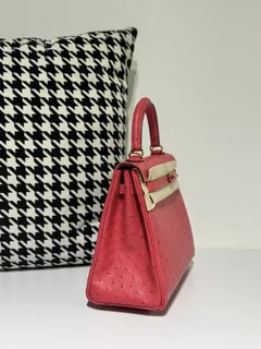 Ostrich Leather Candy Pink 25cm Gold Hardware Top Handle Bag WOB036 image 5