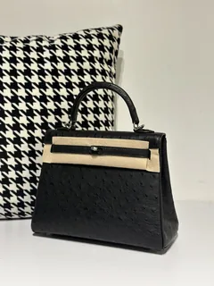 Ostrich Leather Black 25cm Silver Hardware Top Handle Bag WOB037 image 2