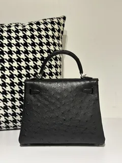 Ostrich Leather Black 25cm Silver Hardware Top Handle Bag WOB037 image 3