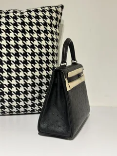 Ostrich Leather Black 25cm Silver Hardware Top Handle Bag WOB037 image 5