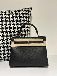 Ostrich Leather Black 25cm Gold Hardware Top Handle Bag WOB038 image 1