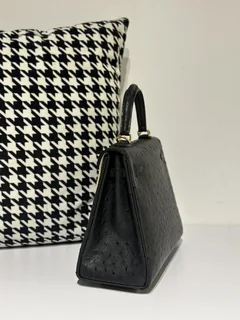 Ostrich Leather Black 25cm Gold Hardware Top Handle Bag WOB038 image 4