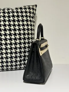 Ostrich Leather Black 25cm Gold Hardware Top Handle Bag WOB038 image 5