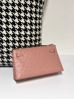 Ostrich Leather Ceramic Pink Silver Hardware Series I Flap Shoulder Bag WOB042 image 3