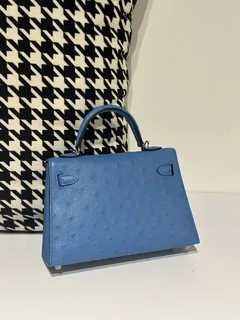 Ostrich Leather Aqua Blue Silver Hardware Series II Top Handle Bag WOB043 image 3