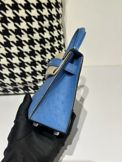 Ostrich Leather Aqua Blue Silver Hardware Series II Top Handle Bag WOB043 image 4