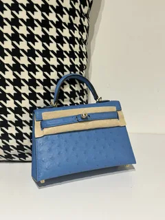 Ostrich Leather Aqua Blue Gold Hardware Series II Top Handle Bag WOB044 image 1