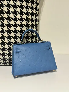 Ostrich Leather Aqua Blue Gold Hardware Series II Top Handle Bag WOB044 image 3
