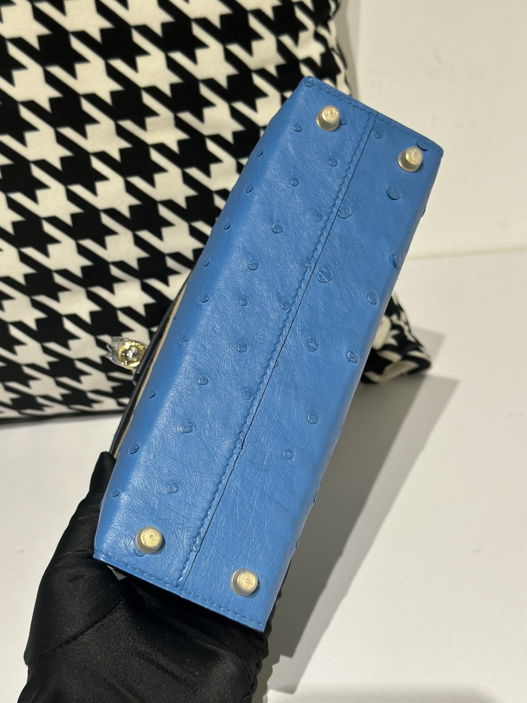 Ostrich Leather Aqua Blue Gold Hardware Series II Top Handle Bag WOB044 photo 6
