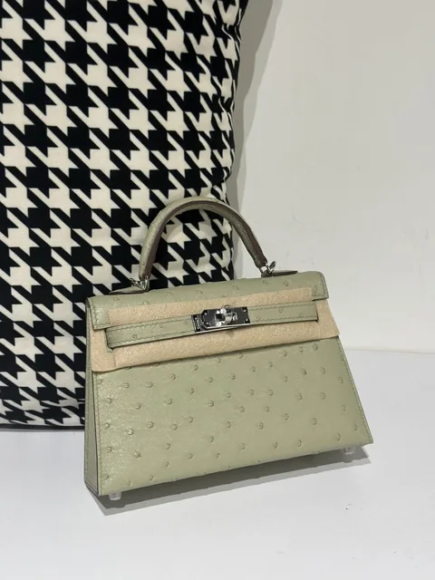 Ostrich Leather Sage Green Silver Hardware Series II Top Handle Bag WOB045