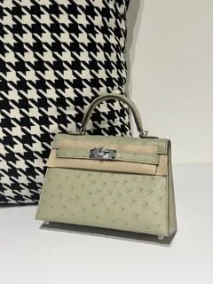Ostrich Leather Sage Green Silver Hardware Series II Top Handle Bag WOB045 image 2