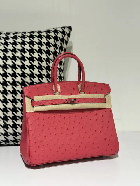 Ostrich Leather Candy Pink 25cm Silver Hardware Top Handle Tote Bag WOB046