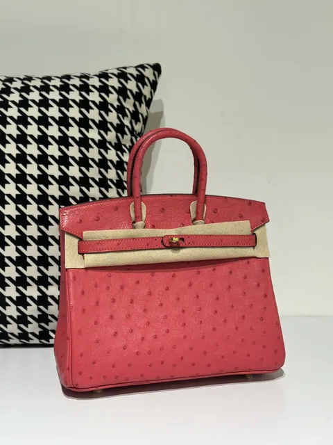 Ostrich Leather Candy Pink 25cm Gold Hardware Top Handle Tote Bag WOB048
